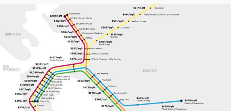 Here's how much it costs to live near each BART station per square foot.