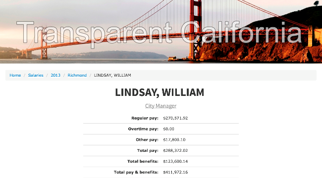 According to the Transparent California website, in 2013 Lindsay made $288,372 in wages plus $123,600 in total benefits, which adds up to a total of $411, 972.