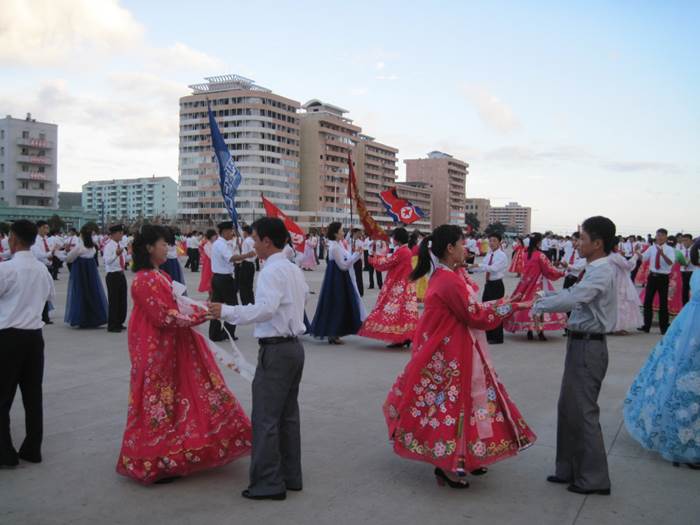 Mass dancing in Chongjin on the national holiday.