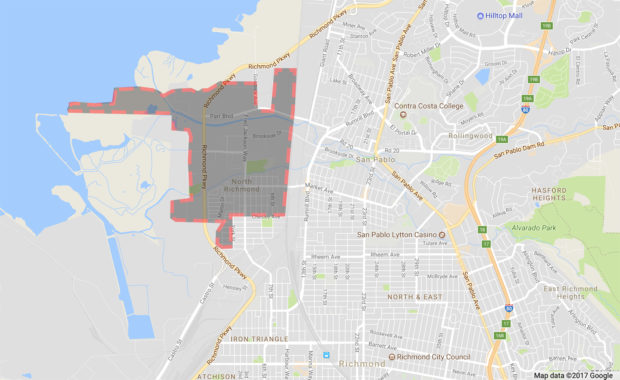 The 3,700 residents of North Richmond (highlighted) could join the city of Richmond at large. Image generated by Google Maps.
