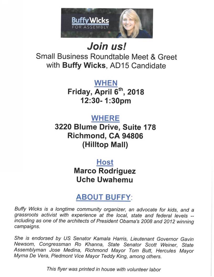 Meet AD-15 Candidate Buffy Wicks in Richmond on April 6