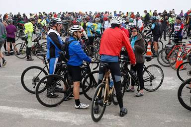 Hundreds of cyclists congregate at an official ceremony before embarking on their first ride across the Richmond-San Rafael Bridge on the new bike and pedestrian path.