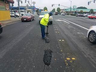 Street crew filling potholes