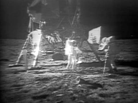 Comparison image showing video still of Neil Armstrong and Buzz Aldrin raising the American flag on the moon, before (left) and